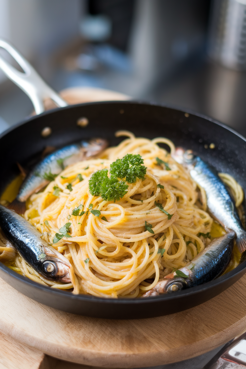 Skillet of spaghetti tossed with sardines, olive oil, and parsley, indoor photo, no text or logos