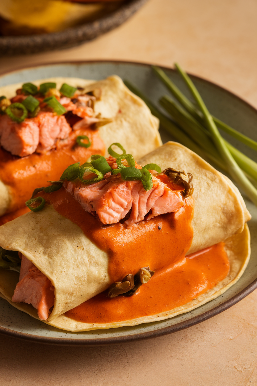 A photo of flaky baked salmon chunks wrapped in corn tortillas, covered with bright orange ancho-citrus sauce, shot indoors, fully cooked fish, no text or logos.