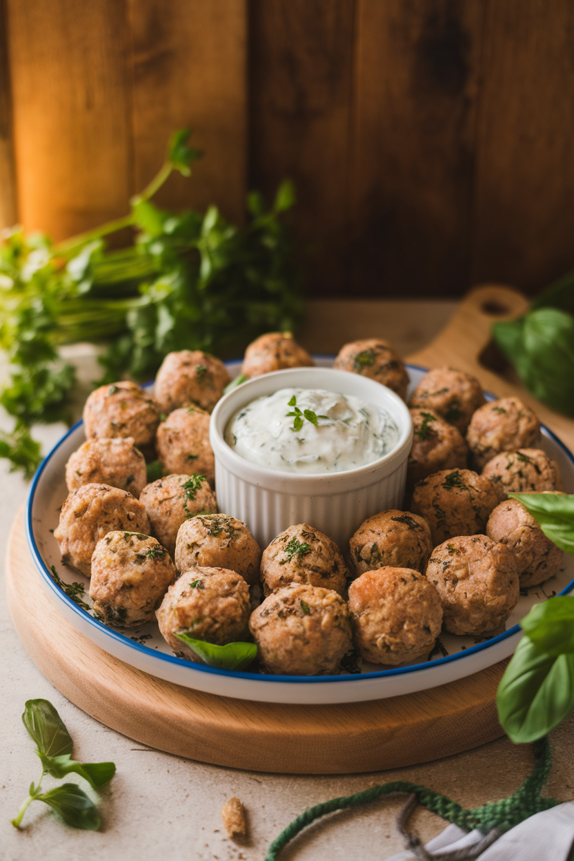 An indoor platter of baked turkey meatballs sprinkled with oregano, ramekin of tzatziki in center; no text or logos, photo not illustration.