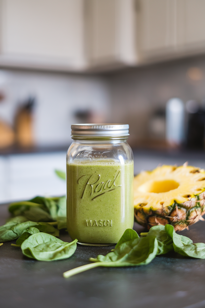 A mason jar filled with vibrant green smoothie on an indoor counter beside scattered spinach leaves and a halved pineapple, shot straight on. No text or logos.