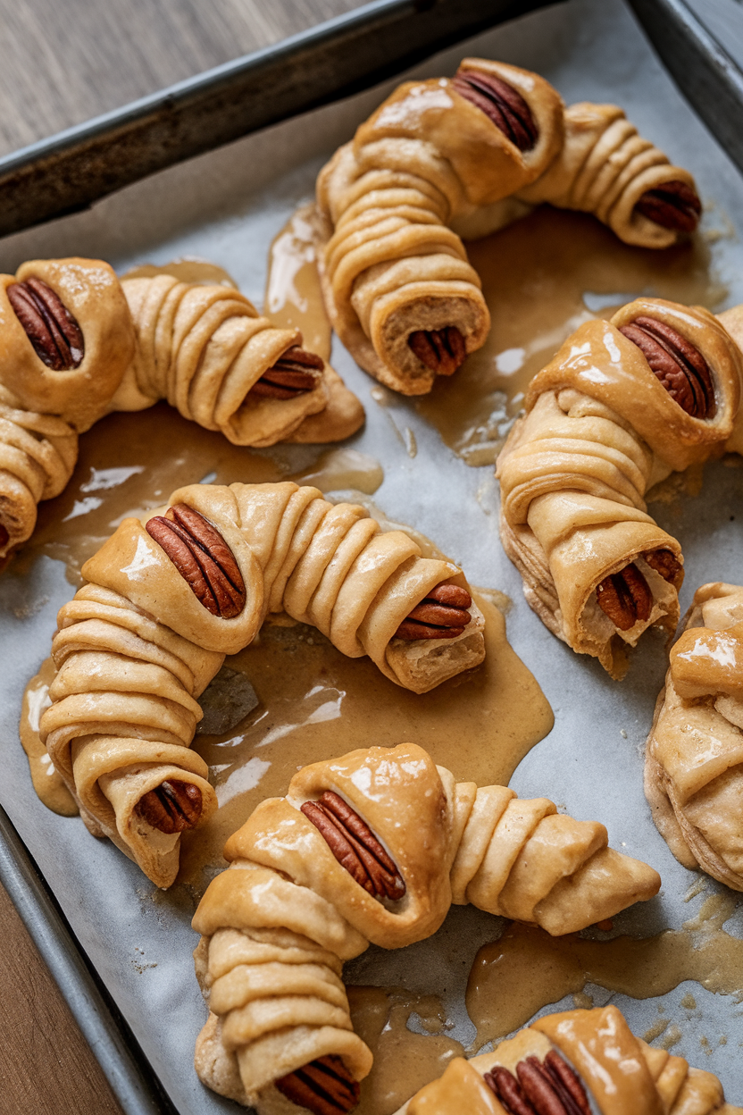 Indoor image of crescent-shaped rugelach on a baking sheet, layers visible, pecan pieces and maple glaze glistening; no text or logos.