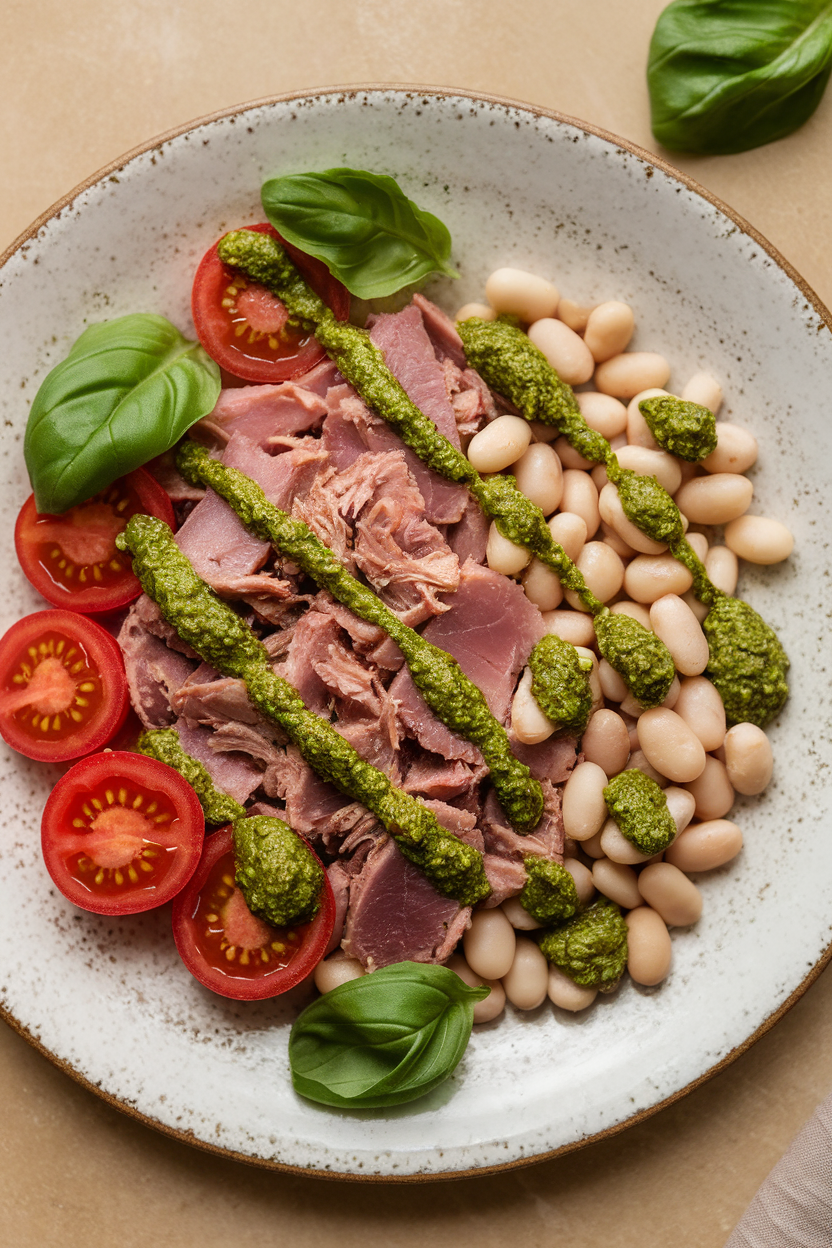 Indoor photo of a rustic white plate holding flaked cooked tuna, cannellini beans, halved grape tomatoes, and a drizzle of green pesto, garnished with basil leaves. Soft overhead lighting, no text or logos.