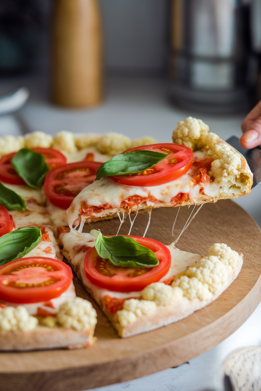 Indoor pizza board with slice being lifted from a cauliflower crust pizza topped with tomato slices and basil leaves. No logos or text. Photo only.