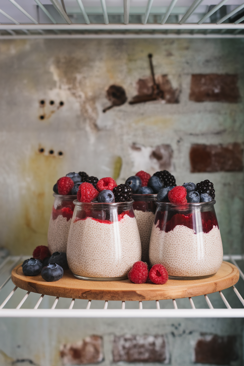 Indoor refrigerator shelf with small glass jars of chia pudding swirled with raspberries, blueberries, and blackberries. No text or logos present. Photo.