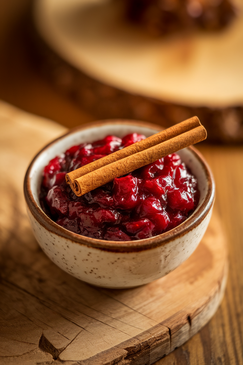 Photo of a small bowl of deep red cranberry sauce with cinnamon stick garnish, indoors under warm lighting. No text or logos.