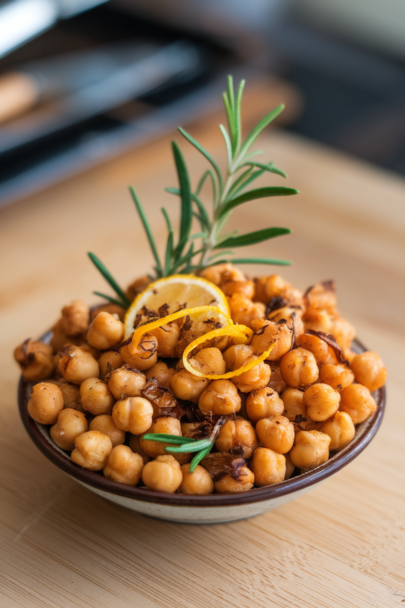 Indoor shot of roasted chickpeas seasoned with lemon zest and rosemary in a small bowl. No branding.