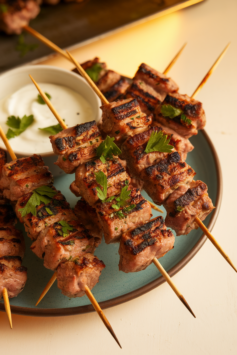 Indoor photo of small skewers of grilled lamb kofta sprinkled with parsley, yogurt dipping sauce alongside. No text or logos.