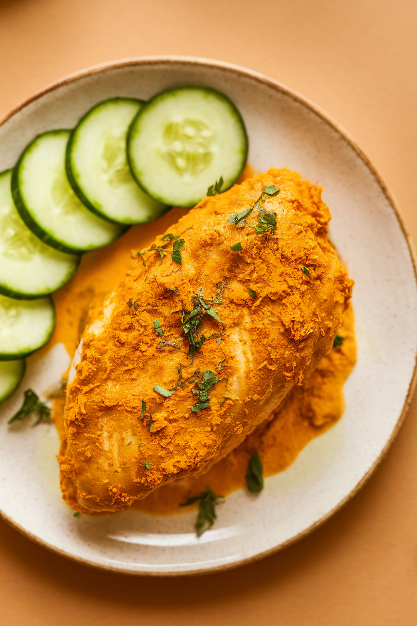 Indoor dish featuring golden turmeric-yogurt coated air-fried chicken breast, cucumber slices on side, eye-level shot. No text or logos.