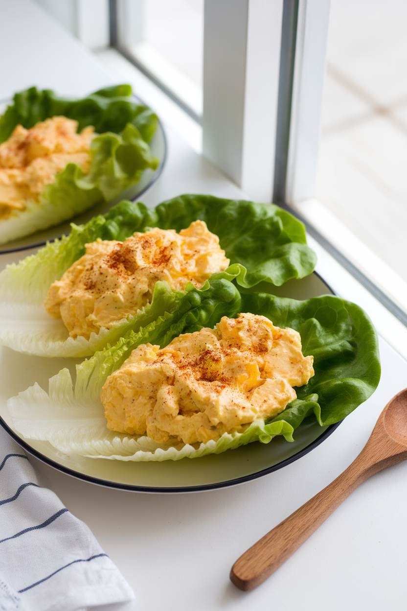 A bright indoor countertop scene featuring crisp butter-lettuce leaves filled with creamy avocado egg salad, sprinkled with paprika. No text or logos visible. Photo only.
