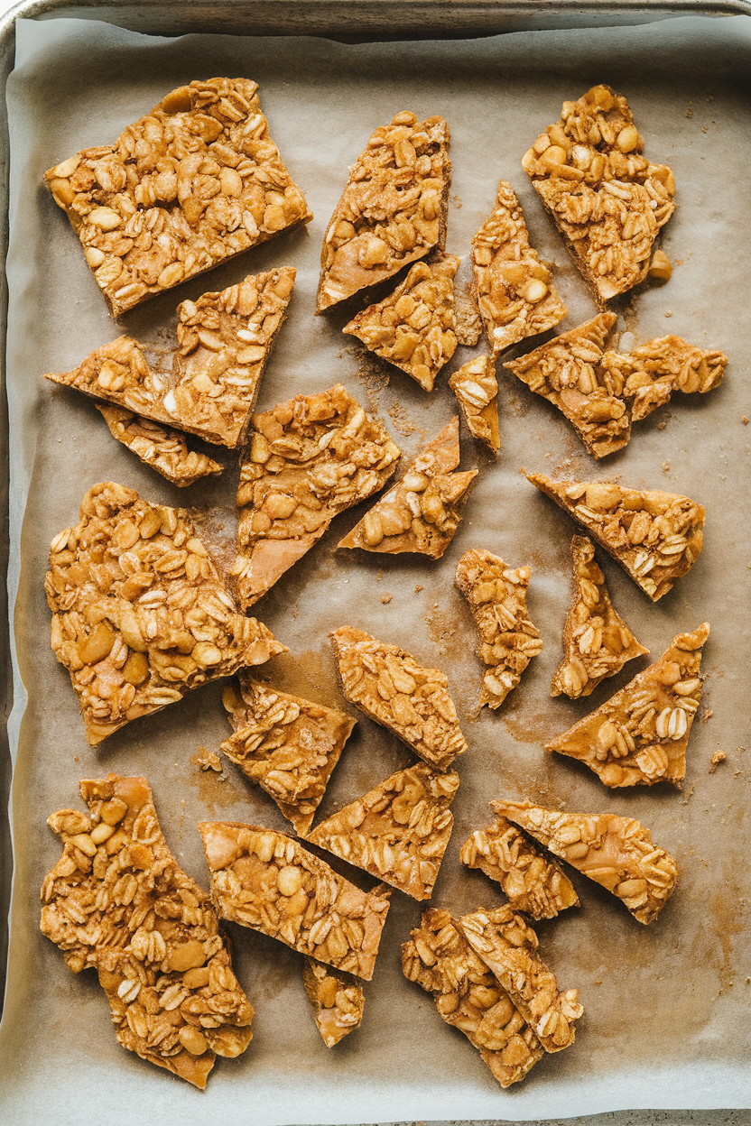An indoor cookie sheet lined with parchment displaying shards of honey sesame granola bark broken into uneven pieces. Photo, no text or logos.