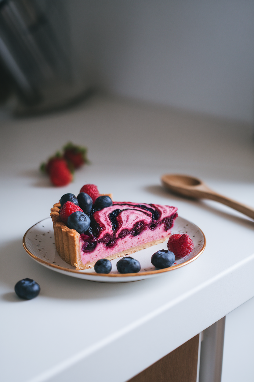 Indoor kitchen counter with a small dessert plate holding one slice of homemade berry tart, side view. No text or logos. Photo, not illustration.