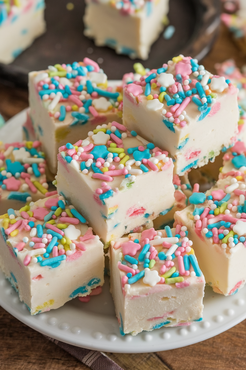 An indoor plate of pastel-topped white chocolate fudge squares flecked with holiday sprinkles, no text or logos.