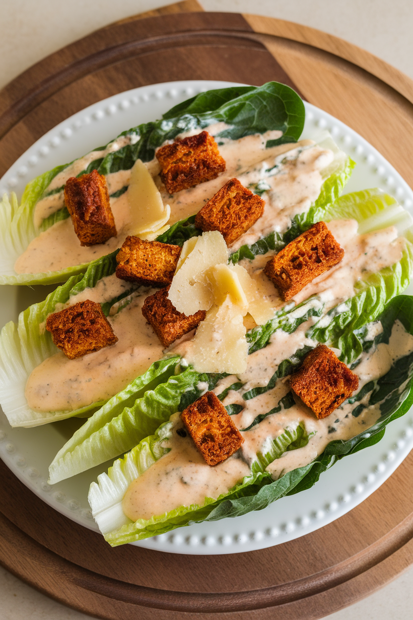 An indoor salad plate featuring romaine leaves coated in creamy dressing, topped with pumpkin-spice croutons and vegan Parmesan shavings. This should be a photo, not an illustration. No text or logos anywhere in the scene.