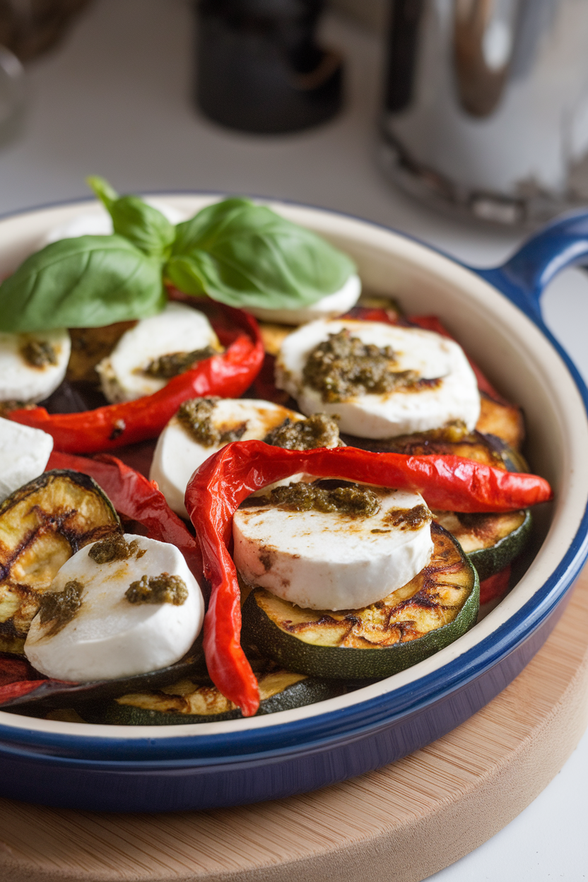 Indoor photo of a ceramic platter filled with charred zucchini, roasted red peppers, smoked mozzarella, and basil pesto; no text or logos.