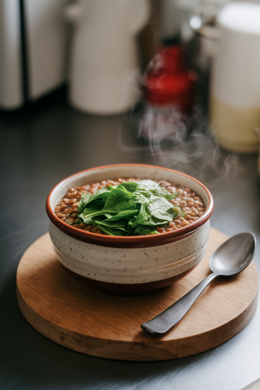 A ceramic bowl on an indoor kitchen counter filled with steaming lentil soup studded with bright green spinach leaves. Photo, no text or logos.