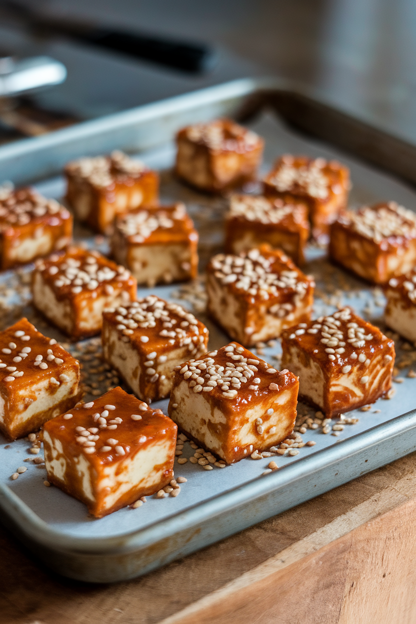 Indoor baking tray with crispy tofu cubes coated in shiny honey-sesame glaze, scattered sesame seeds, no text or logos