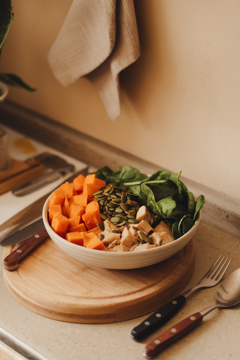 Warm indoor countertop showing a bowl of roasted sweet potato cubes, chicken chunks, baby spinach, and pumpkin seeds — no text or logos