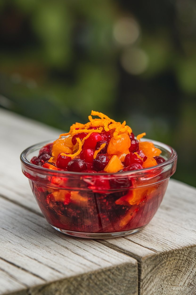 Indoor photo of a small bowl of vibrant cranberry-orange relish, citrus zest sprinkled on top, no text or logos.