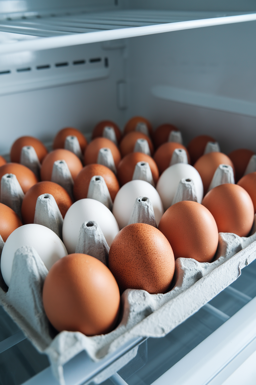 Photo, indoor refrigerator egg tray filled with brown and white free-range eggs, cool side light, no text or logos.