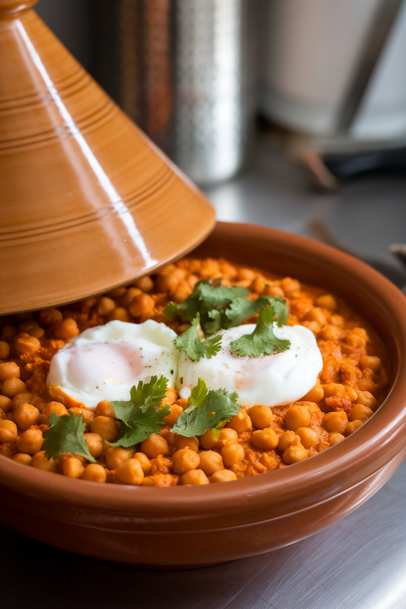 Indoor tagine-style bowl of spiced chickpea stew topped with two poached eggs and chopped cilantro. No text or logos.