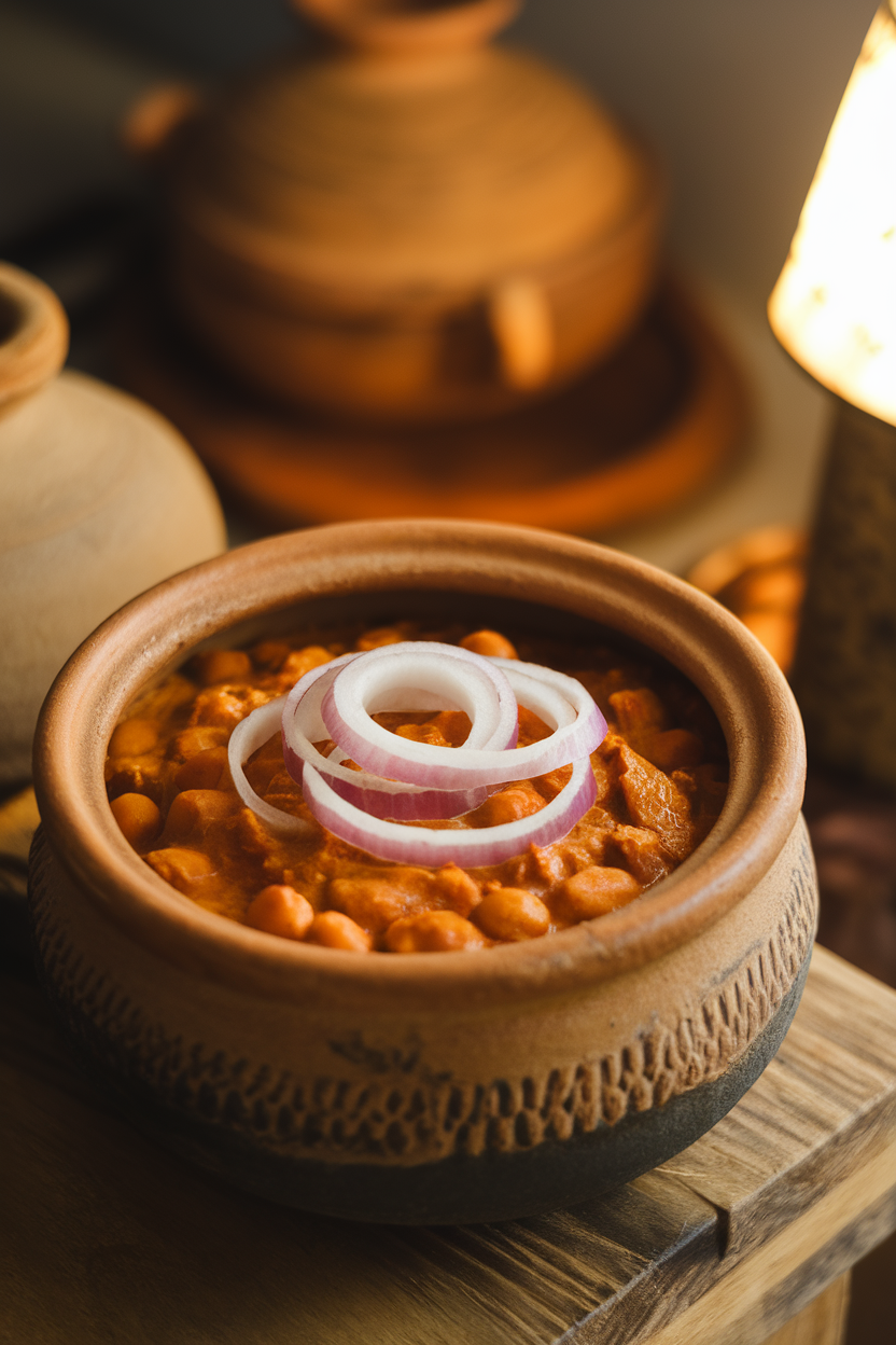 Photo prompt: An indoor shot of black-chickpea curry bubbling in a clay pot, garnished with raw onion rings. No text or logos present.