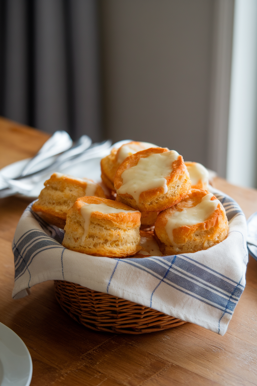 Indoor dining table holding a basket of flaky cheddar biscuits with melted cheese pockets visible, wrapped in a cloth napkin. No text or logos. Photo only.