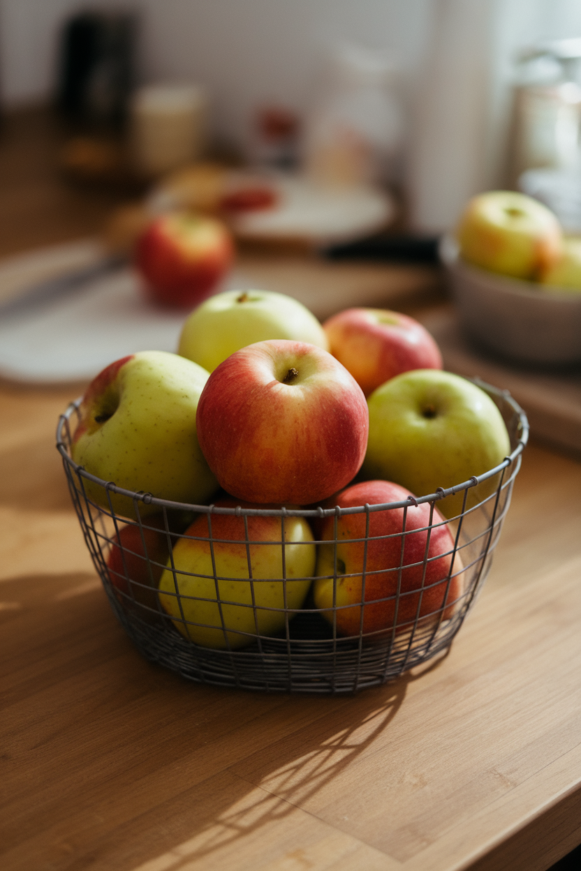 Basket of slightly misshapen apples on a countertop, indoor photo, no text or logos