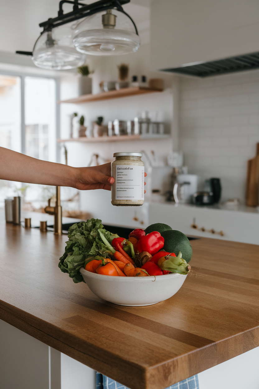 Photo of an indoor kitchen island where a hand holds a plain-label jar, ingredients list facing away from camera to avoid text, bowl of fresh veggies nearby, no logos.