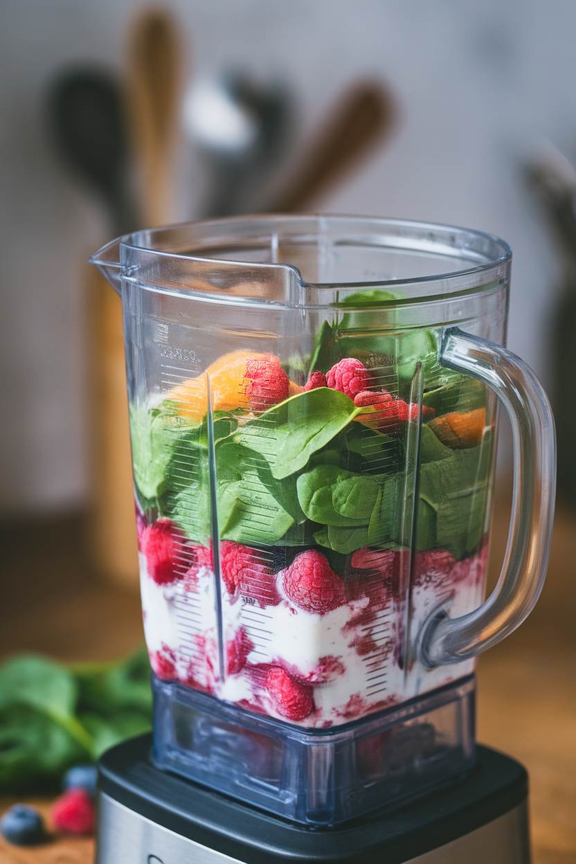 An indoor counter blender filled with spinach, frozen berries, and Greek yogurt—photo, no brand names or logos.