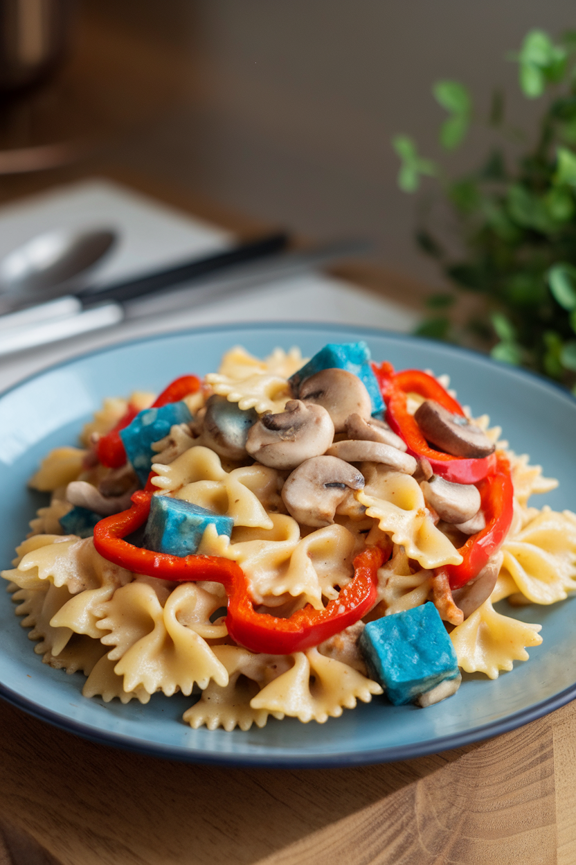 Indoor plate of bow-tie pasta tossed with sautéed red peppers, white mushrooms, and blue potato cubes, light cream sauce coating. No text or logos.