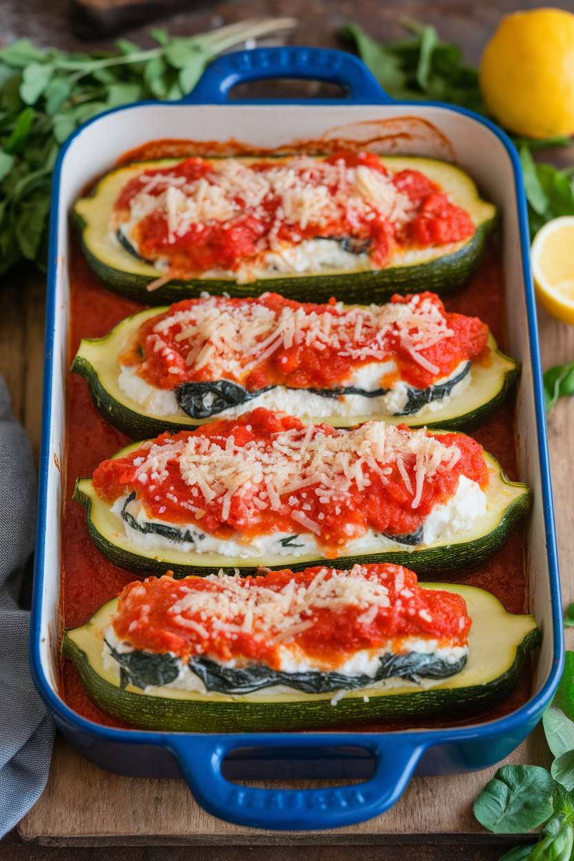 Indoor casserole dish with zucchini halves filled with ricotta-spinach mixture, topped with tomato sauce and cheese. No text or logos. Photo, not illustration.