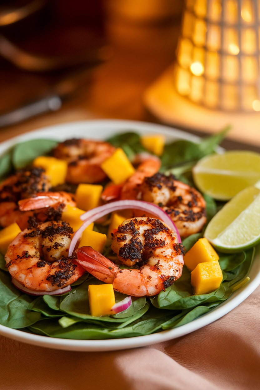 Indoor photo of cooked blackened shrimp resting on baby spinach with mango cubes, red onion slivers, and lime wedges on the side. Warm indoor lighting, no text or logos.