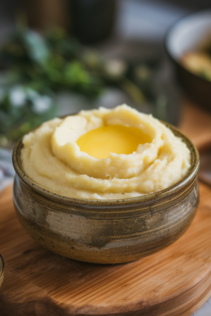 Indoor photo of a ceramic bowl piled high with silky mashed potatoes, melted butter pooling on top, no text or logos.