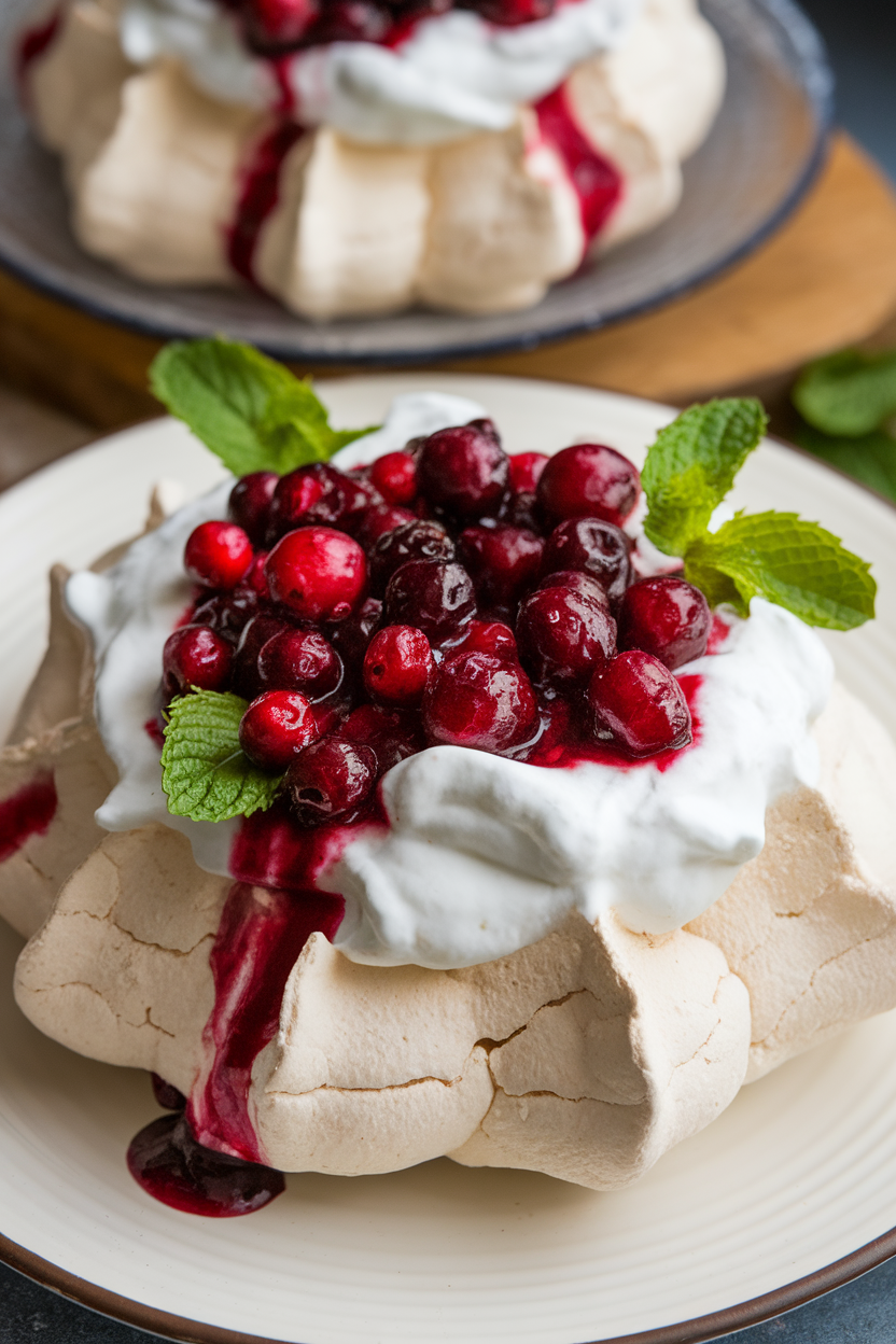 An indoor cake plate holding a crisp pavlova shell topped with whipped Greek yogurt and a ruby cranberry compote—no text or logos; photo, not illustration