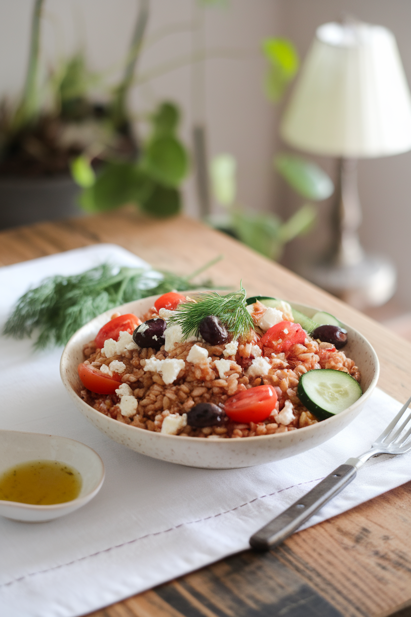 An indoor table featuring a bowl of farro tossed with cherry tomatoes, cucumber, olives, feta crumbles, and fresh dill in a light vinaigrette. No text or logos. Photo.