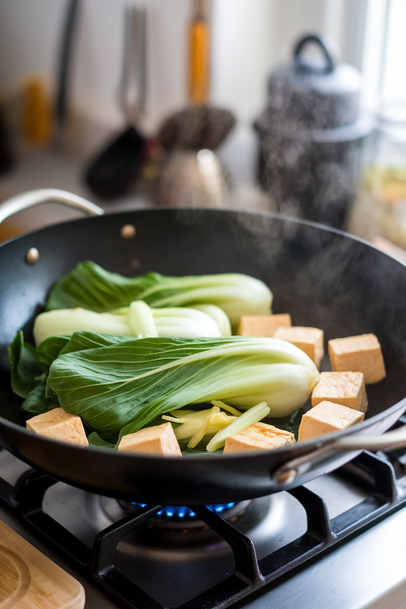 A wok on an indoor stovetop filled with bright green bok choy, golden tofu cubes, and visible slivers of ginger and garlic, steam rising. No logos or text.