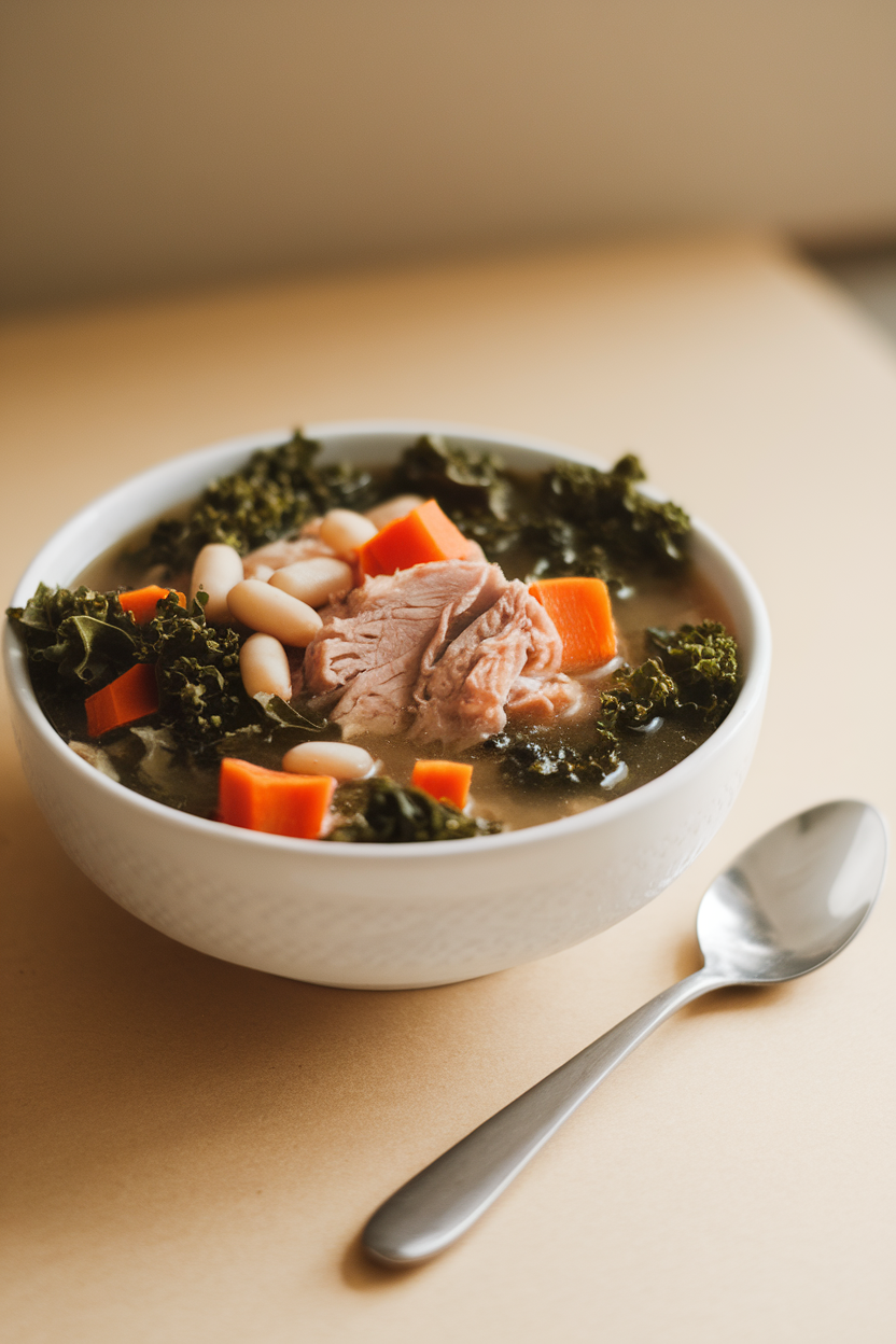 Indoor photo of a soup bowl filled with broth-based turkey, kale, cannellini beans, and diced carrots, a spoon resting nearby, no text or logos.