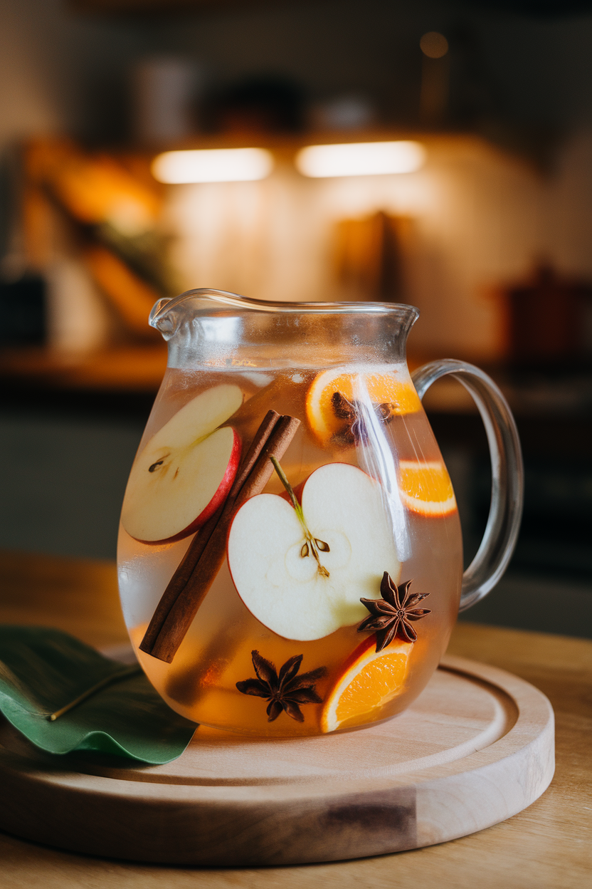 Indoor photo of a clear pitcher holding pale sangria mocktail with apple slices, star anise, cinnamon sticks, and orange segments floating; cozy kitchen light; no text or logos.