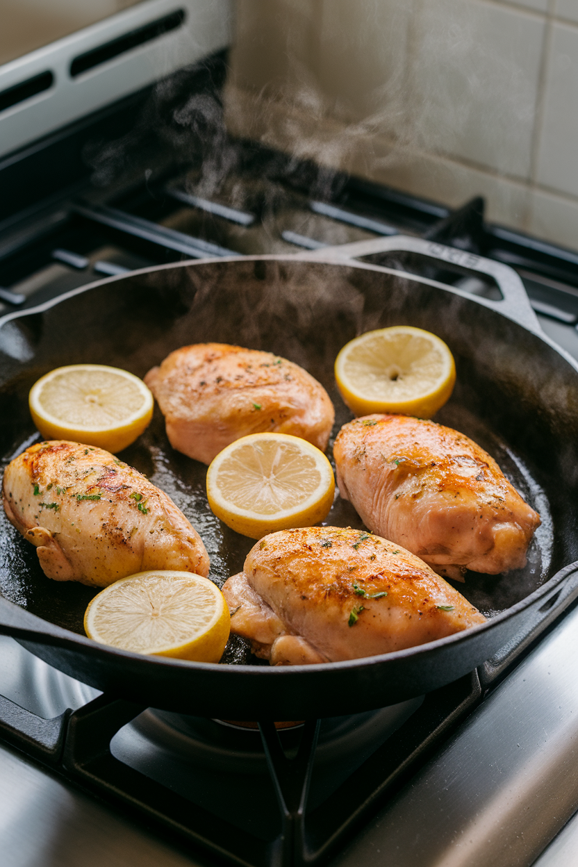 Indoor stovetop scene with a cast-iron skillet holding cooked chicken breasts and lemon slices, steam rising softly. No brand names or logos anywhere, photo not illustration.