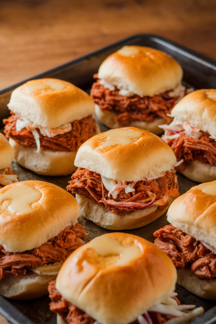 Indoor photo of a baking tray lined with mini buns stuffed with saucy pulled pork and a hint of coleslaw, brushed with melted butter on top. No text or logos.