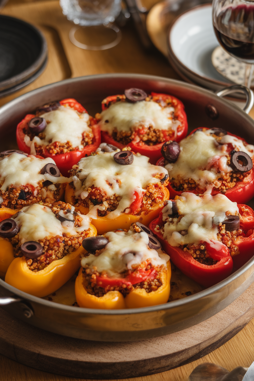Indoor casserole dish with halved bell peppers stuffed with quinoa, olives, and tomatoes, cheese lightly melted on top, captured at a three-quarter angle. No text or logos.