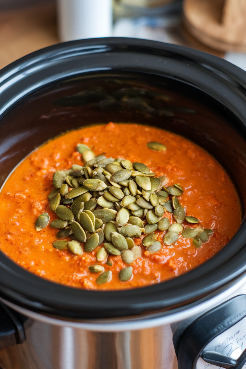 Indoor photo of orange-hued turkey chili in a crockpot, garnished with pumpkin seeds, no text or logos present.