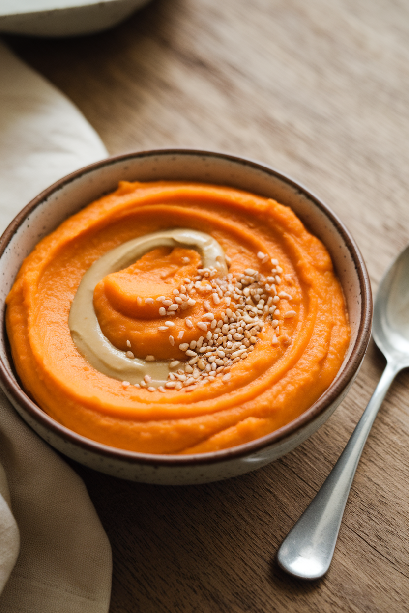 An indoor bowl of silky orange sweet potato purée swirled with tahini and sprinkled with sesame seeds; no text or logos.