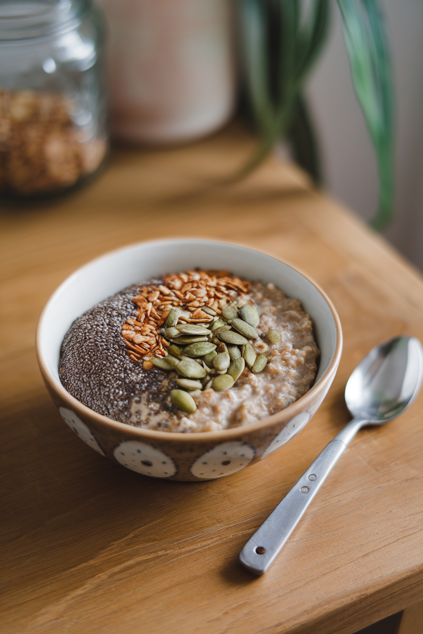 A breakfast bowl of oatmeal topped with chia, flax, and pumpkin seeds on a wooden table. No logos or text. Photo.