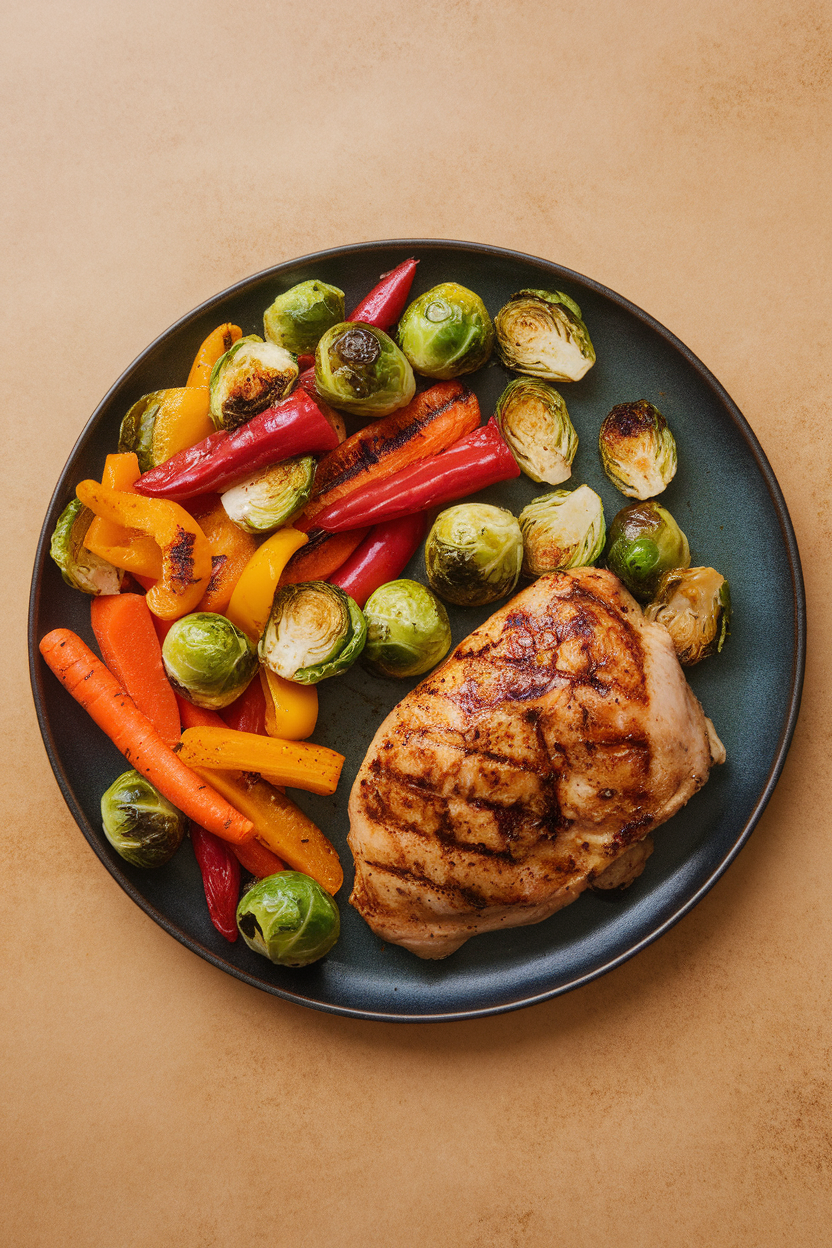 An indoor dinner plate showing roasted Brussels sprouts, bell peppers, and carrots taking up half the surface beside grilled chicken; no text or logos; photo