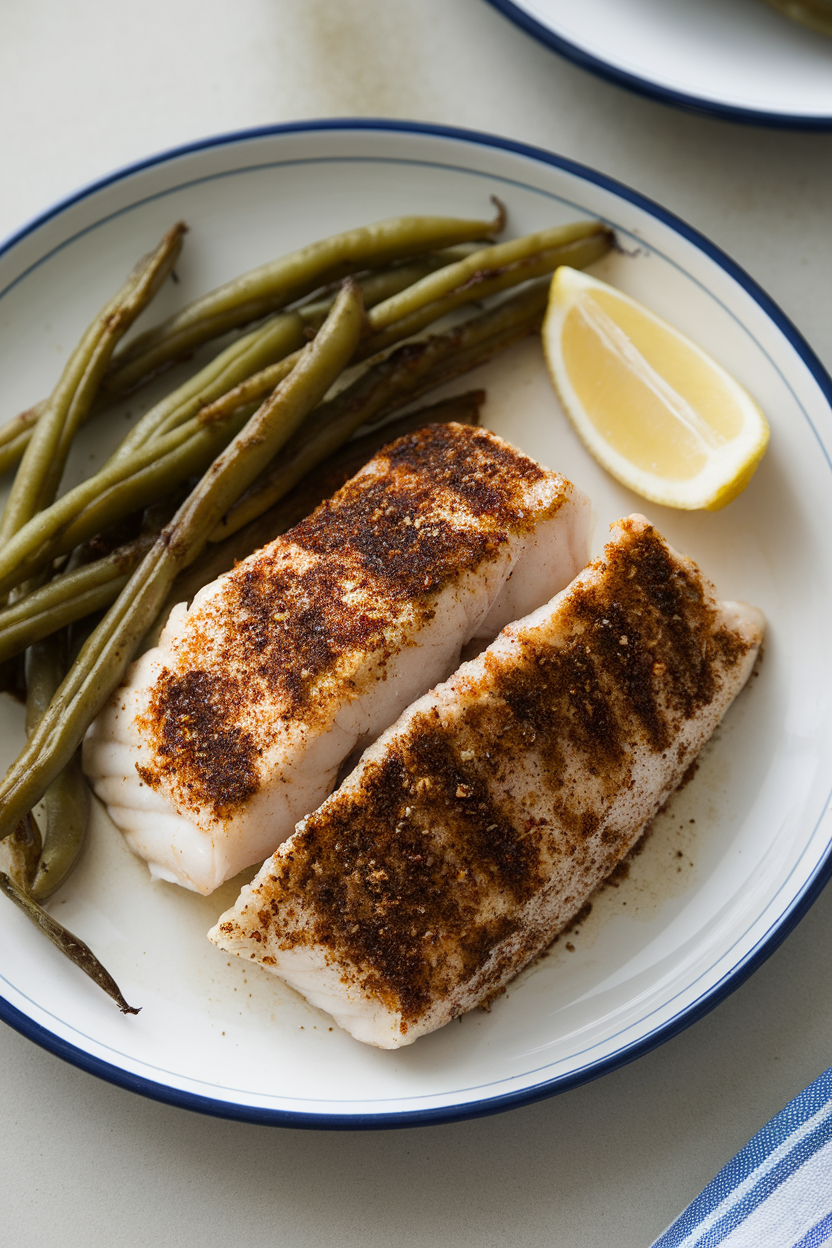 Indoor plate featuring cooked cod fillet coated in dark spicy seasoning, accompanied by roasted green beans and a lemon wedge. No raw fish, text, or logos.