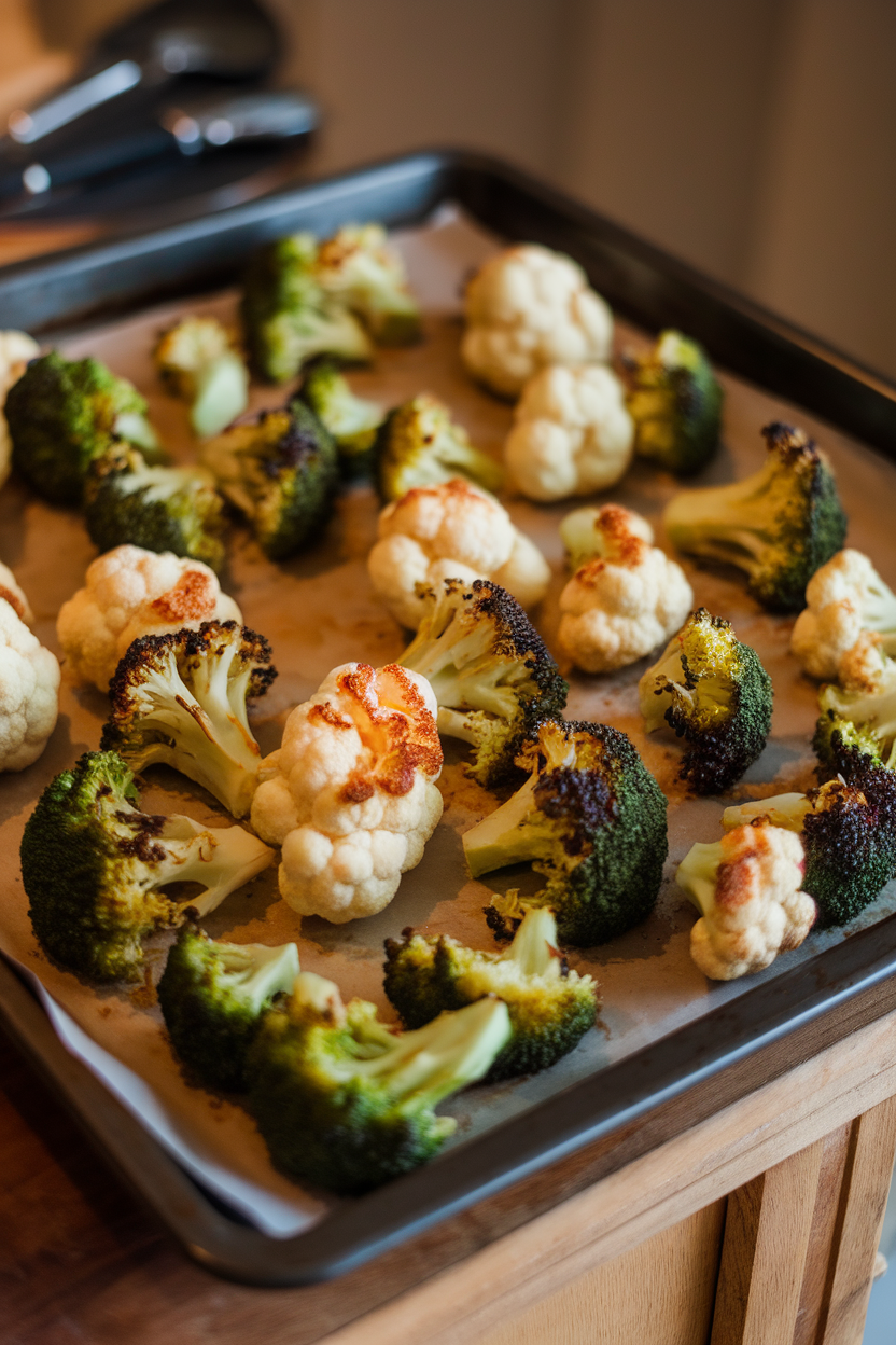 Indoor photo of a baking sheet with roasted broccoli and cauliflower showing caramelized edges; no text or logos.