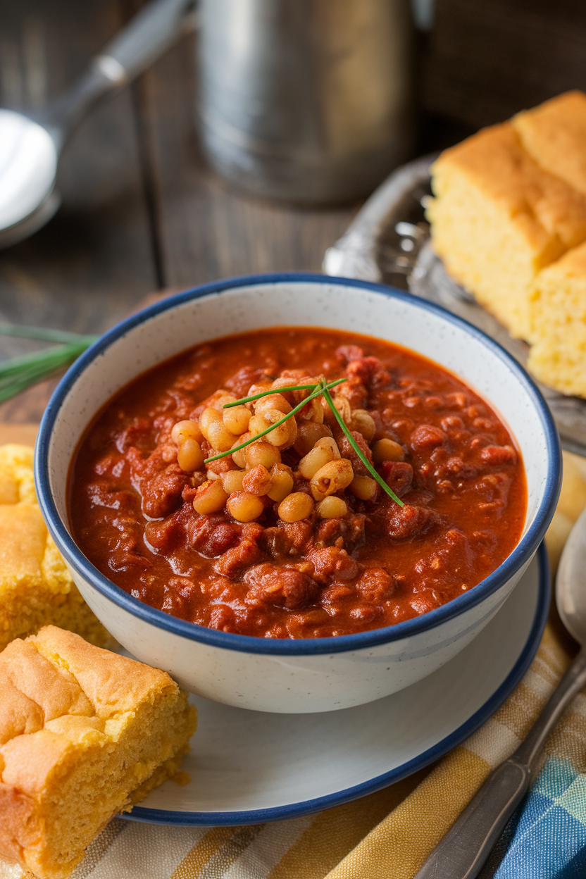 Indoor photo of beef chili dotted with chewy spelt berries, garnished with chives; no text or logos.