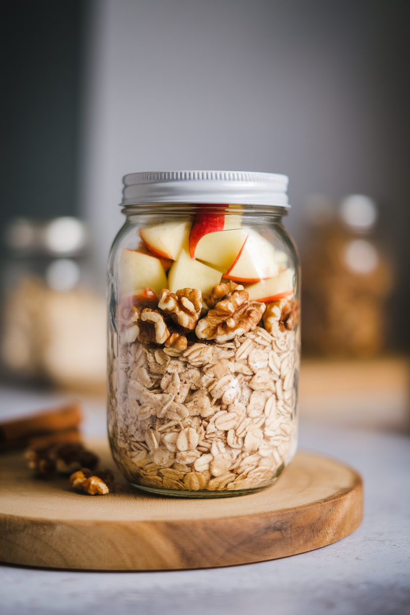 Indoor photo of a jar of oats layered with diced apple, cinnamon, and chopped walnuts. No text or logos.
