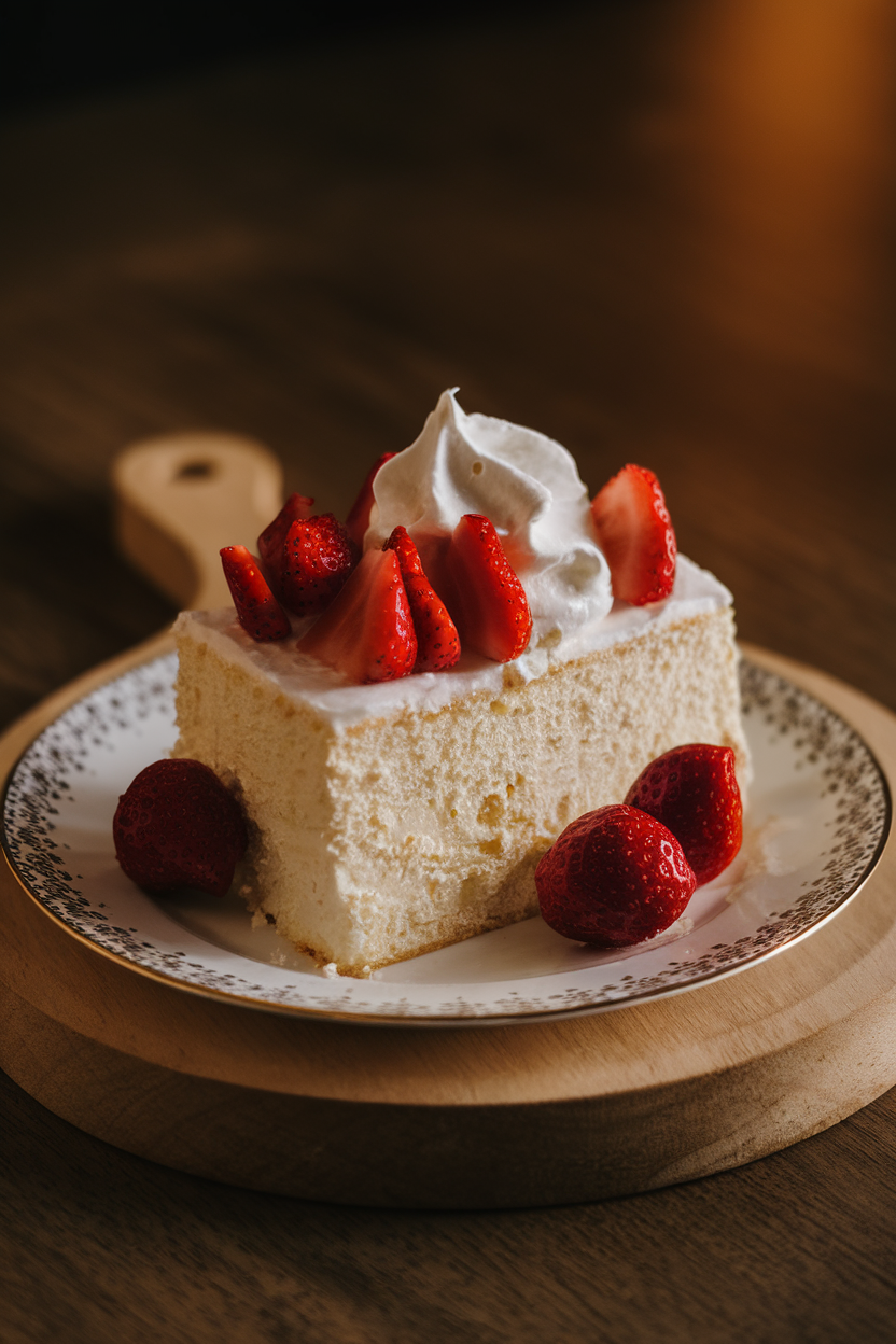 A warmly lit indoor dessert platter with a fluffy angel food cake slice, macerated champagne strawberries on top, dollop of whipped cream. No text or logos. Photo, not illustration.